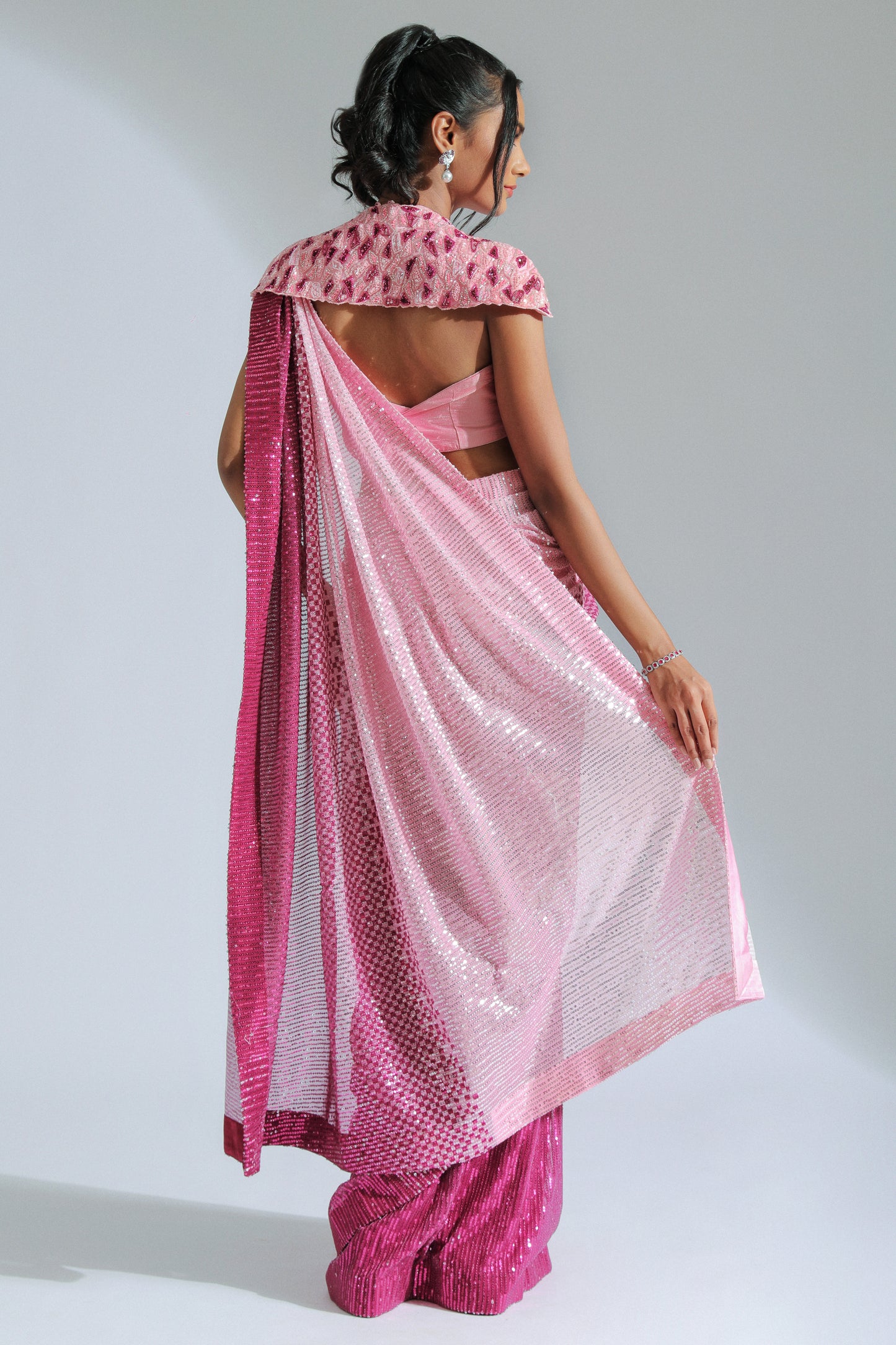 Light Pink & Fuchsia Pink Georgette Pre-Draped Saree Set