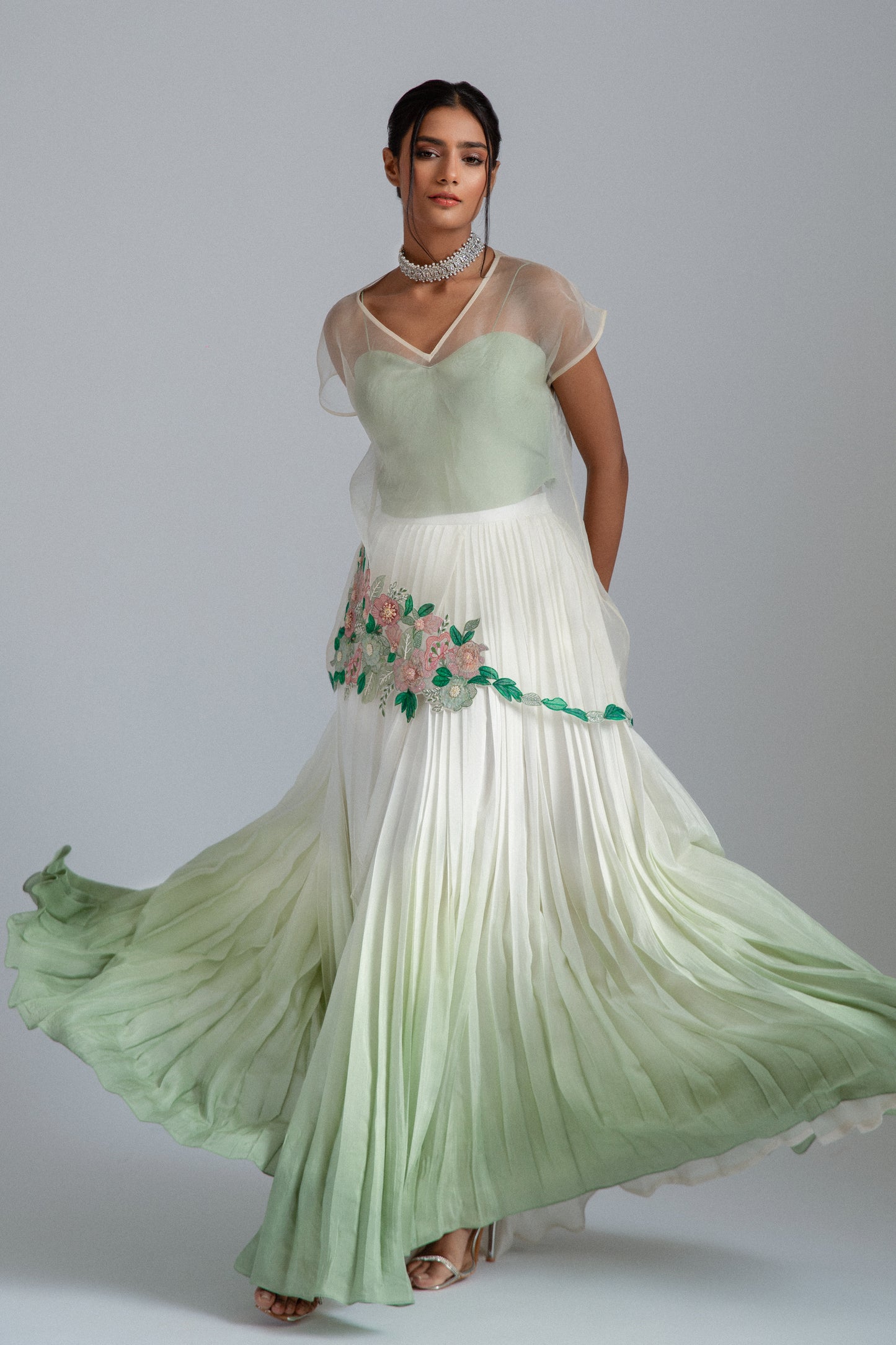 Off-White & Sage Green Ombre Silk Mul Mul Skirt Set