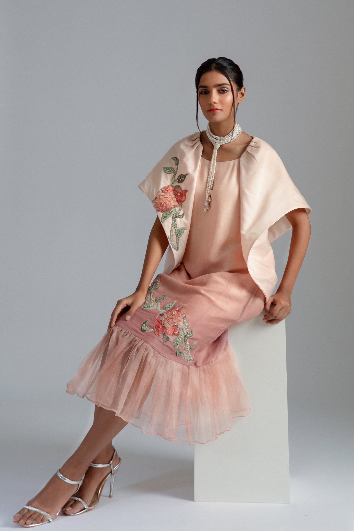 Peach Ombre Silk Mul Mul & Cotton Mul Mul Motifs Embroidered Midi Jacket Dress
