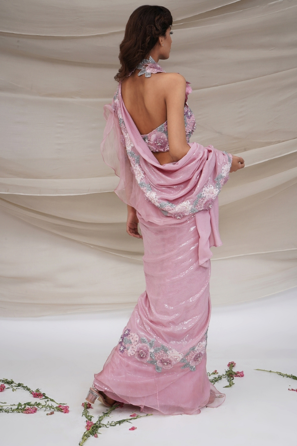 Pink Floral Sequin Saree