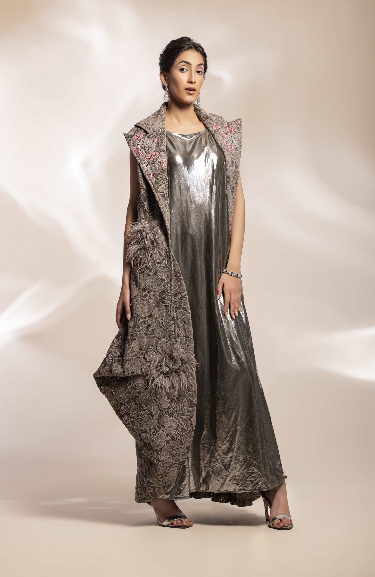 Drape long jacket with inner drape dress