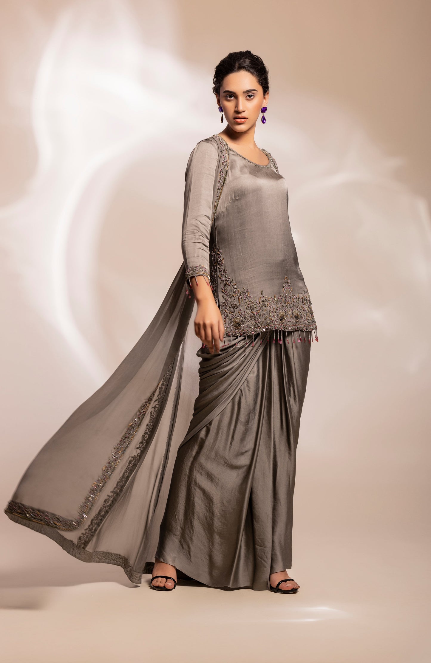 Long jacket, lungi drape skirt and kurta