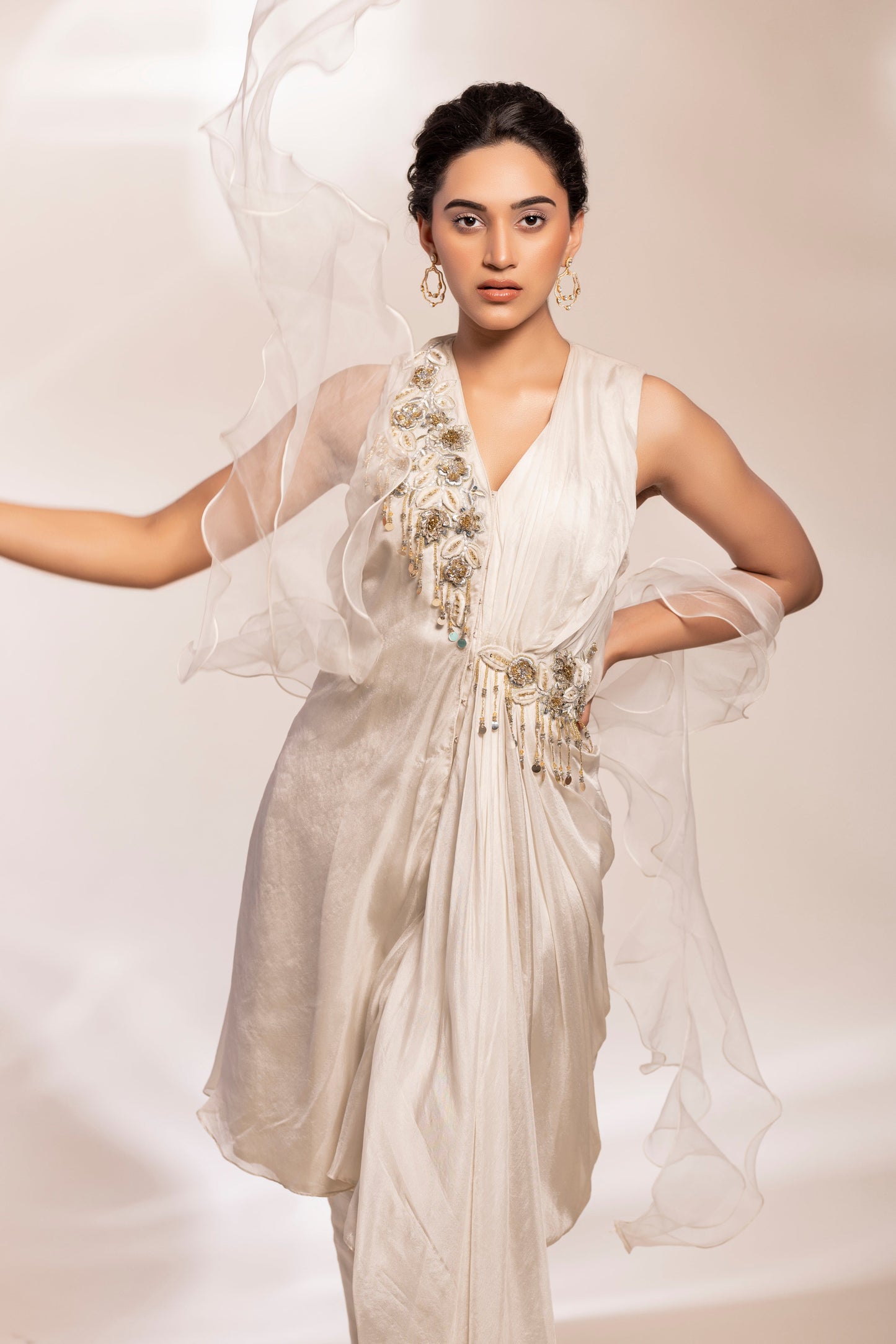 Draped shirt with trousers and a scarf