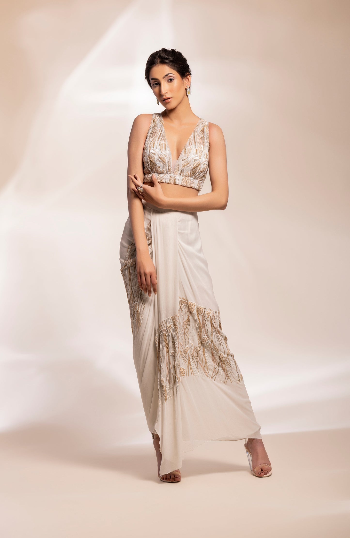 Lungi drape, corset and ruffle jacket