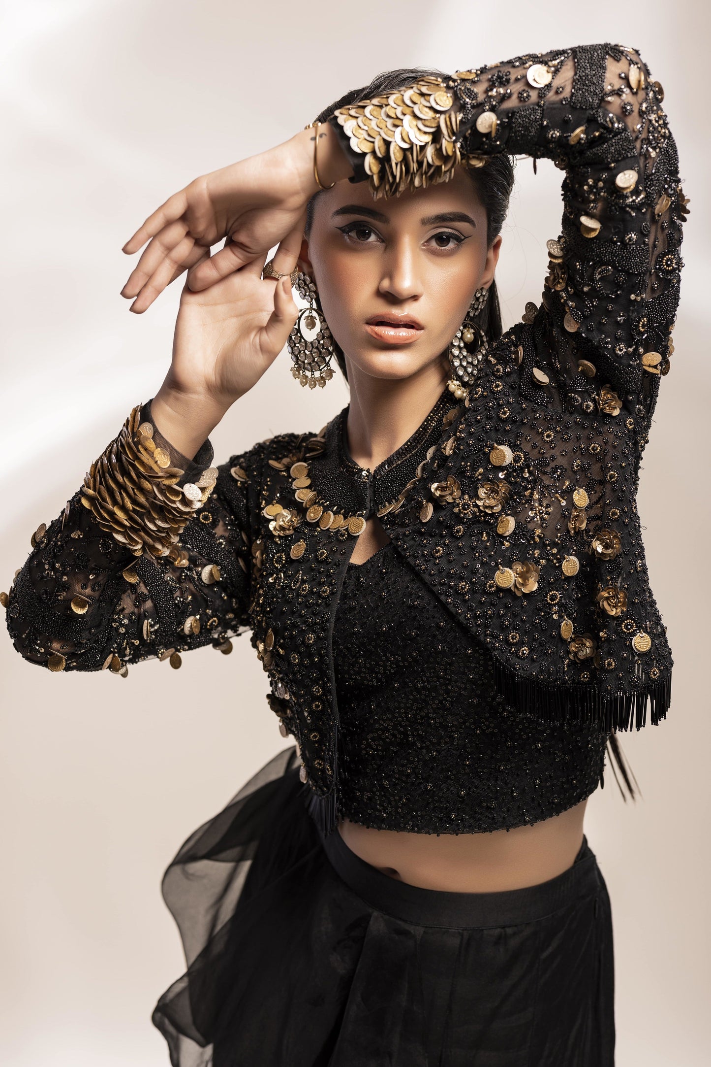 Short jacket, drape sharara with a corset