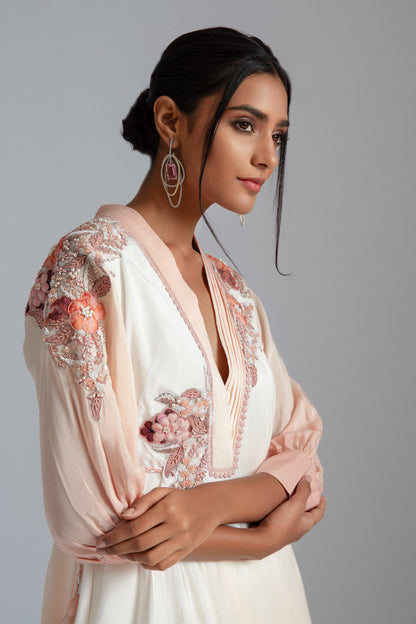 Off-White & Champagne Ombre Silk Mul Mul Floral Motifs Embroidered Kaftan