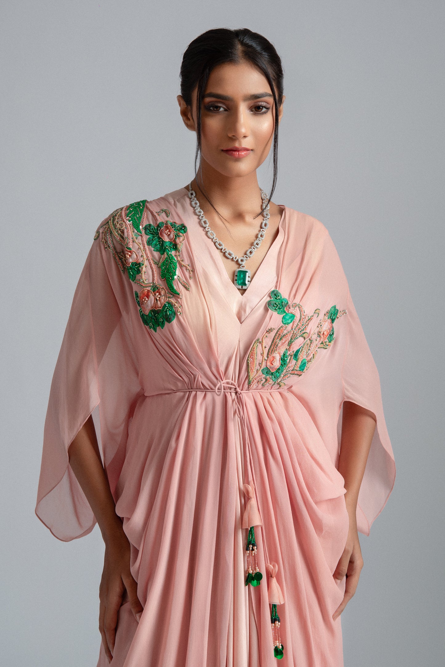 Peach Georgette & Silk Mul Mul Kaftan Jacket Dress