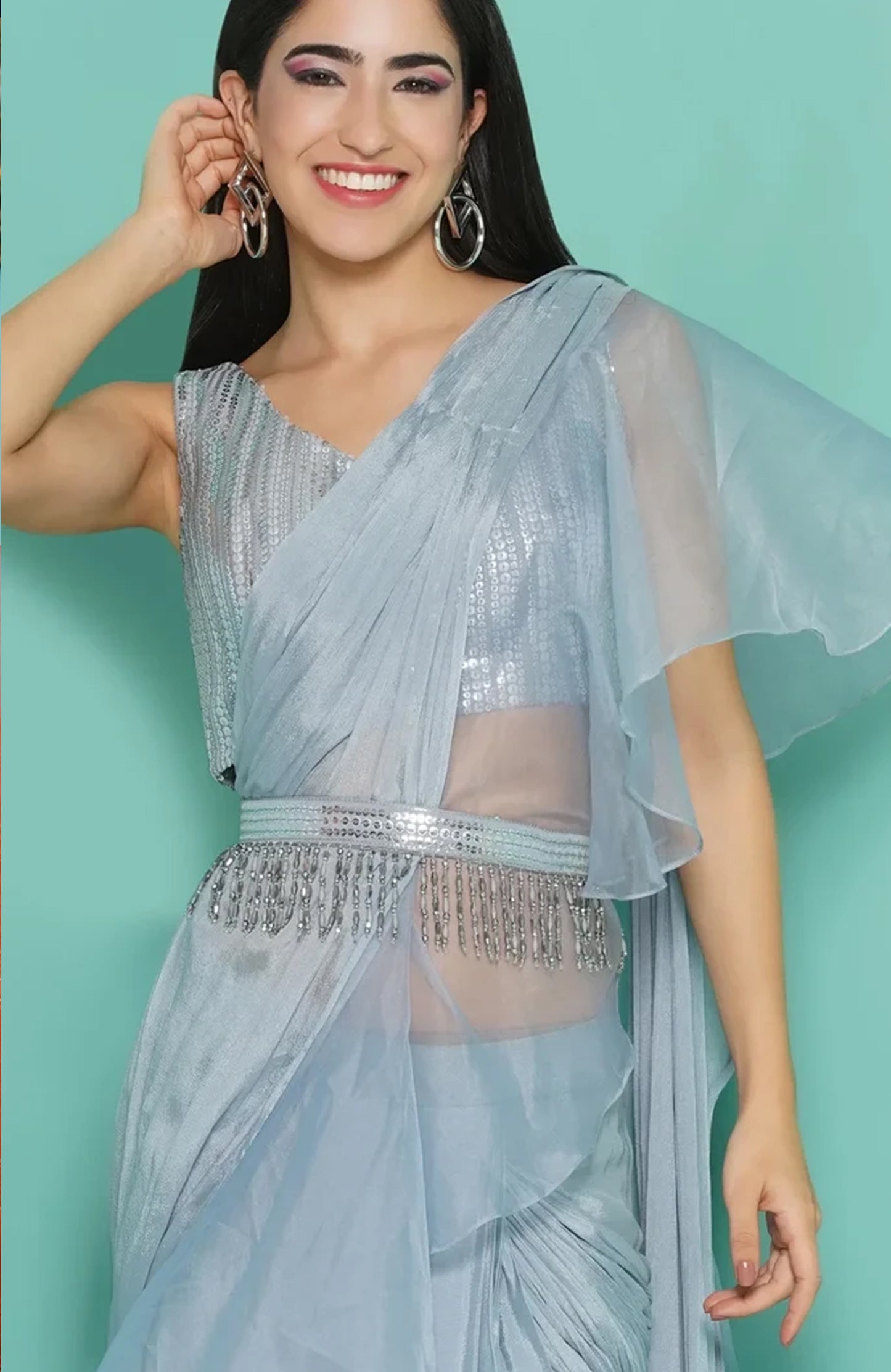 Sequin Saree drape with Organza frill