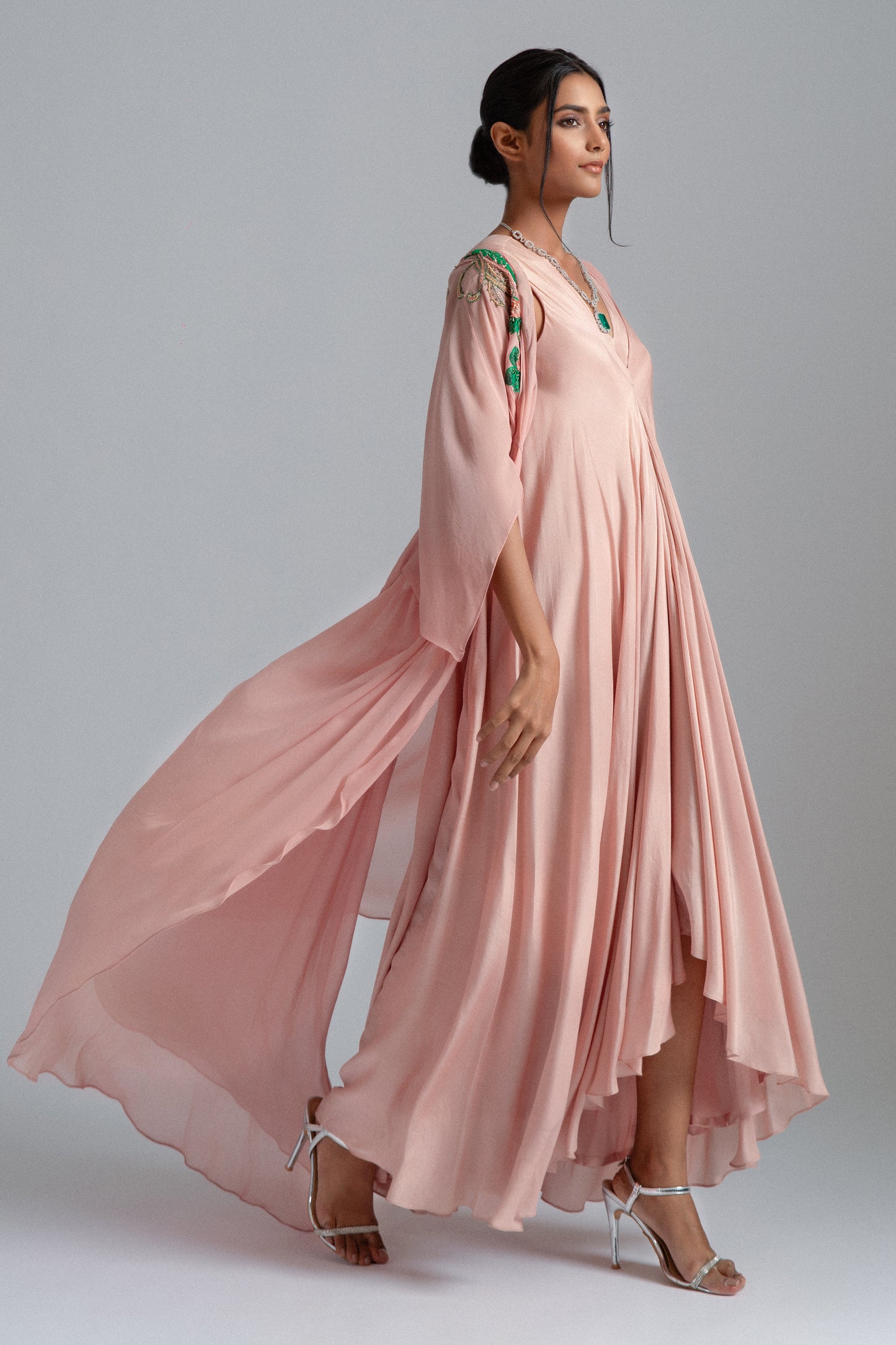 Peach Georgette & Silk Mul Mul Kaftan Jacket Dress