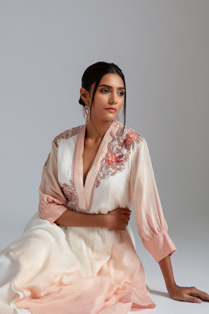 Off-White & Champagne Ombre Silk Mul Mul Floral Motifs Embroidered Kaftan