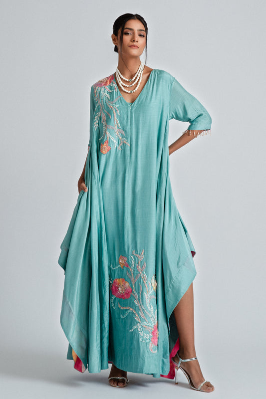 Silk mul mul tunic dress, with intricate floral patchwork, ombré organza motifs, and pockets. 