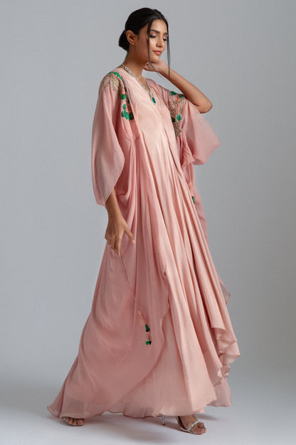 Peach Georgette & Silk Mul Mul Kaftan Jacket Dress