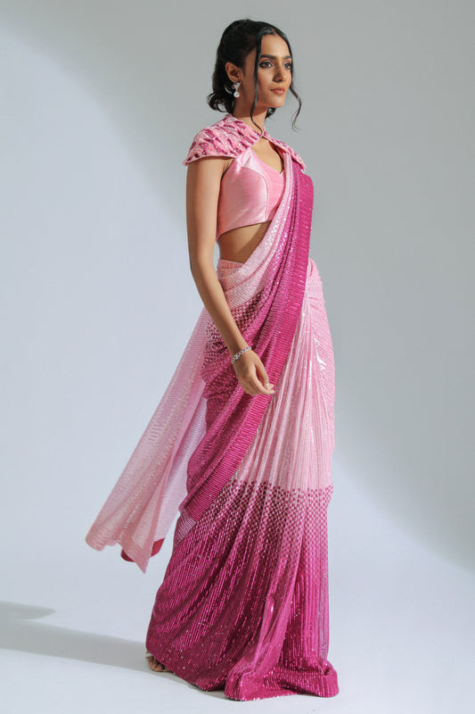 Light Pink & Fuchsia Pink Georgette Pre-Draped Saree Set