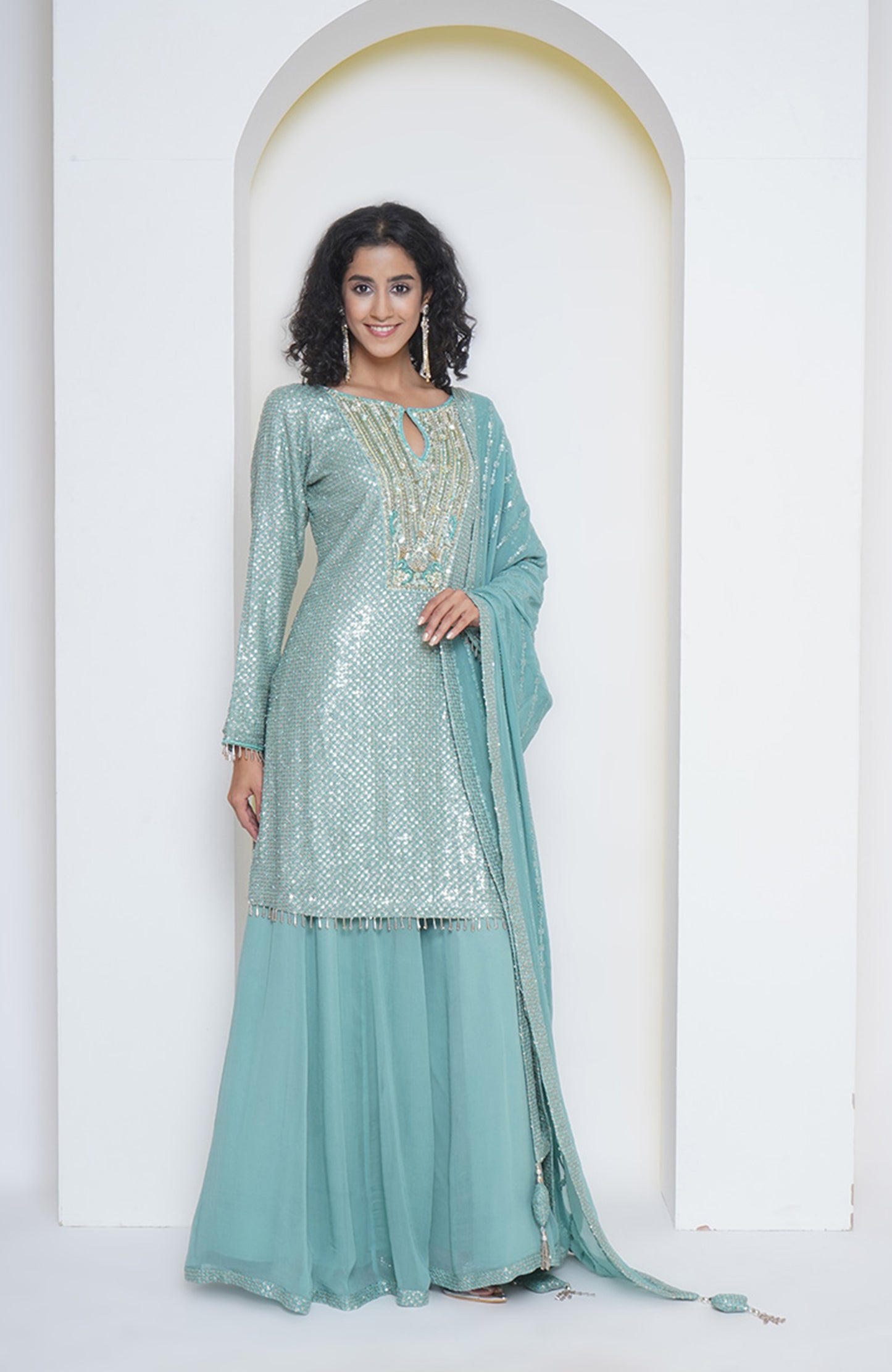 Aqua blue sequinned shirt , embellished with embroidery, dupatta and sharra