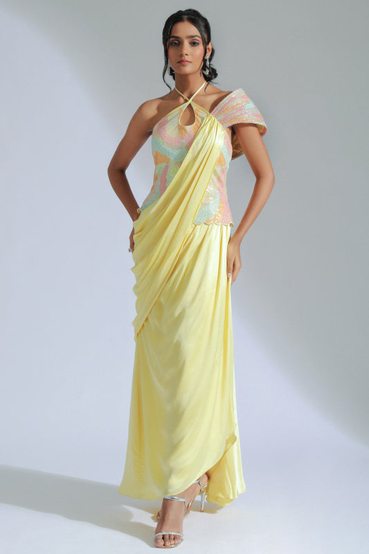 Lemon Yellow Modal Satin Draped Maxi Dress With Bodice