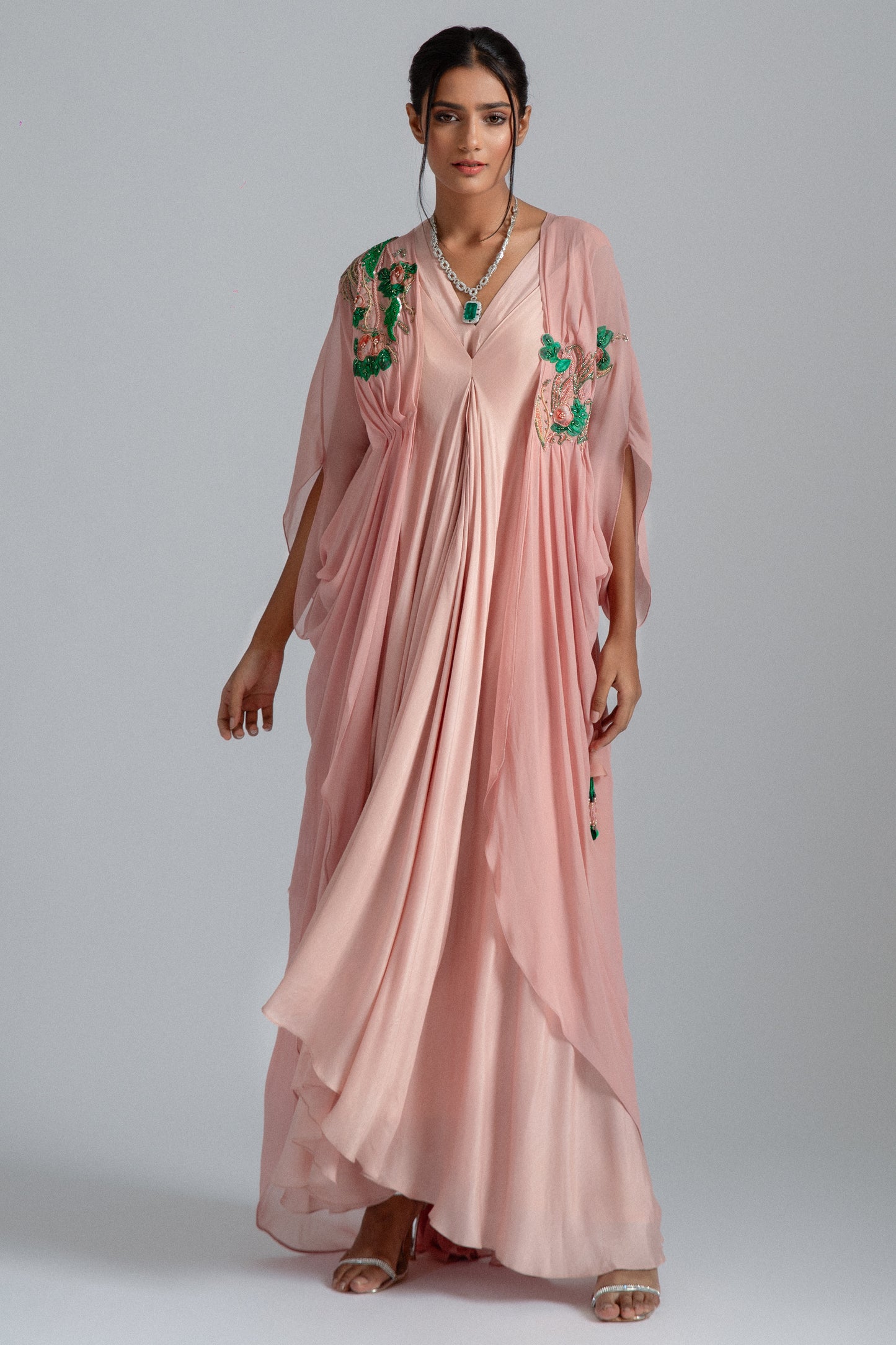 Peach Georgette & Silk Mul Mul Kaftan Jacket Dress