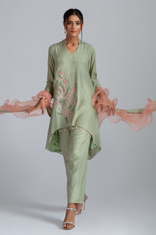 Sage Green Silk Mul Mul Sequins Embroidered Kurta Set SAMPLE SALE