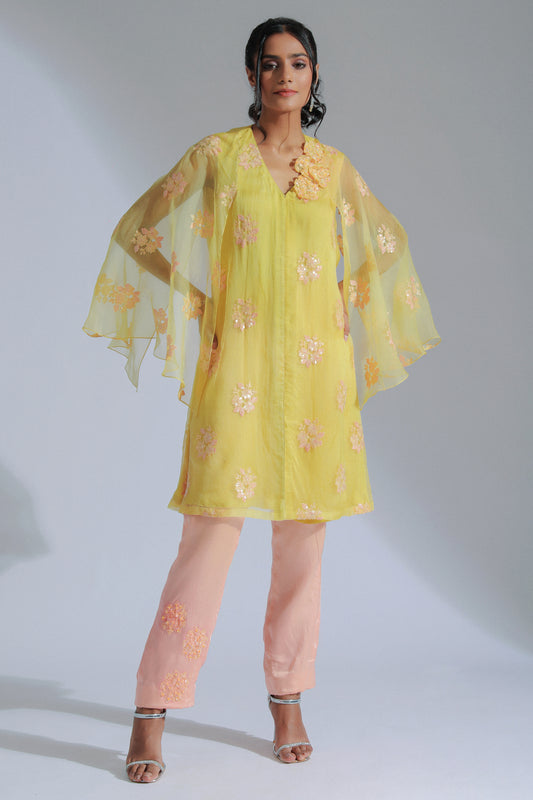 Yellow Organza Floral Motifs Embroidered Tunic Set SAMPLE SALE