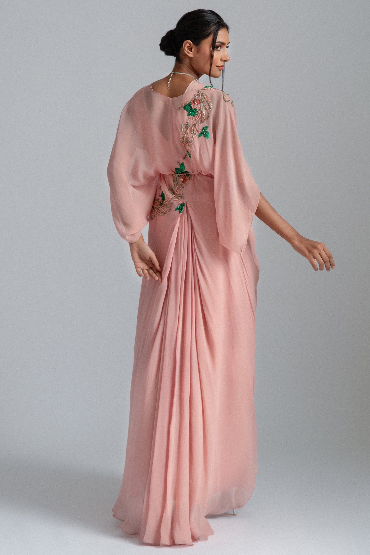 Peach Georgette & Silk Mul Mul Kaftan Jacket Dress