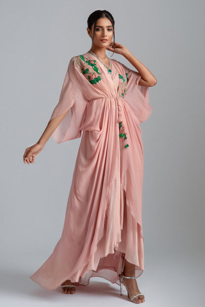 Peach Georgette & Silk Mul Mul Kaftan Jacket Dress