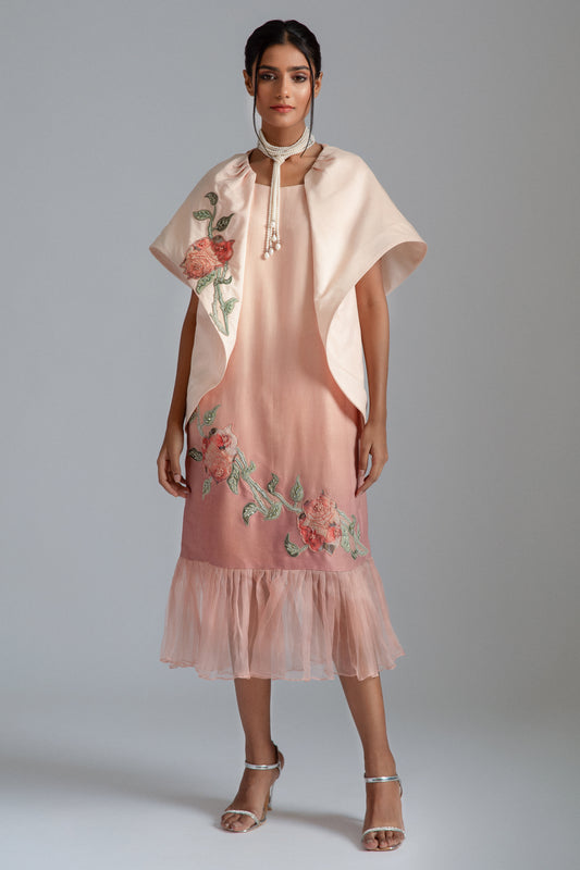 Peach Ombre Silk Mul Mul & Cotton Mul Mul Motifs Embroidered Midi Jacket Dress