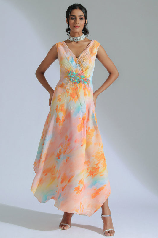 Multi-Colored Pleated Crepe Fabric Sequins Embroidered Overlap Maxi Dress