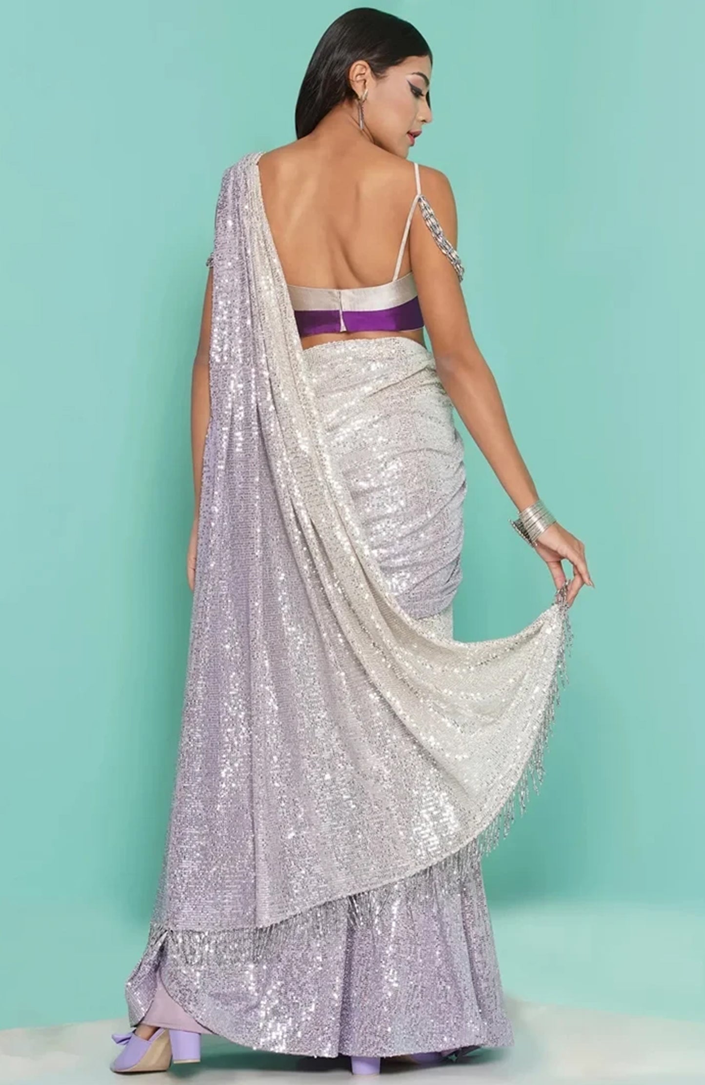 Lilac sequin Saree drape & stripe Blouse