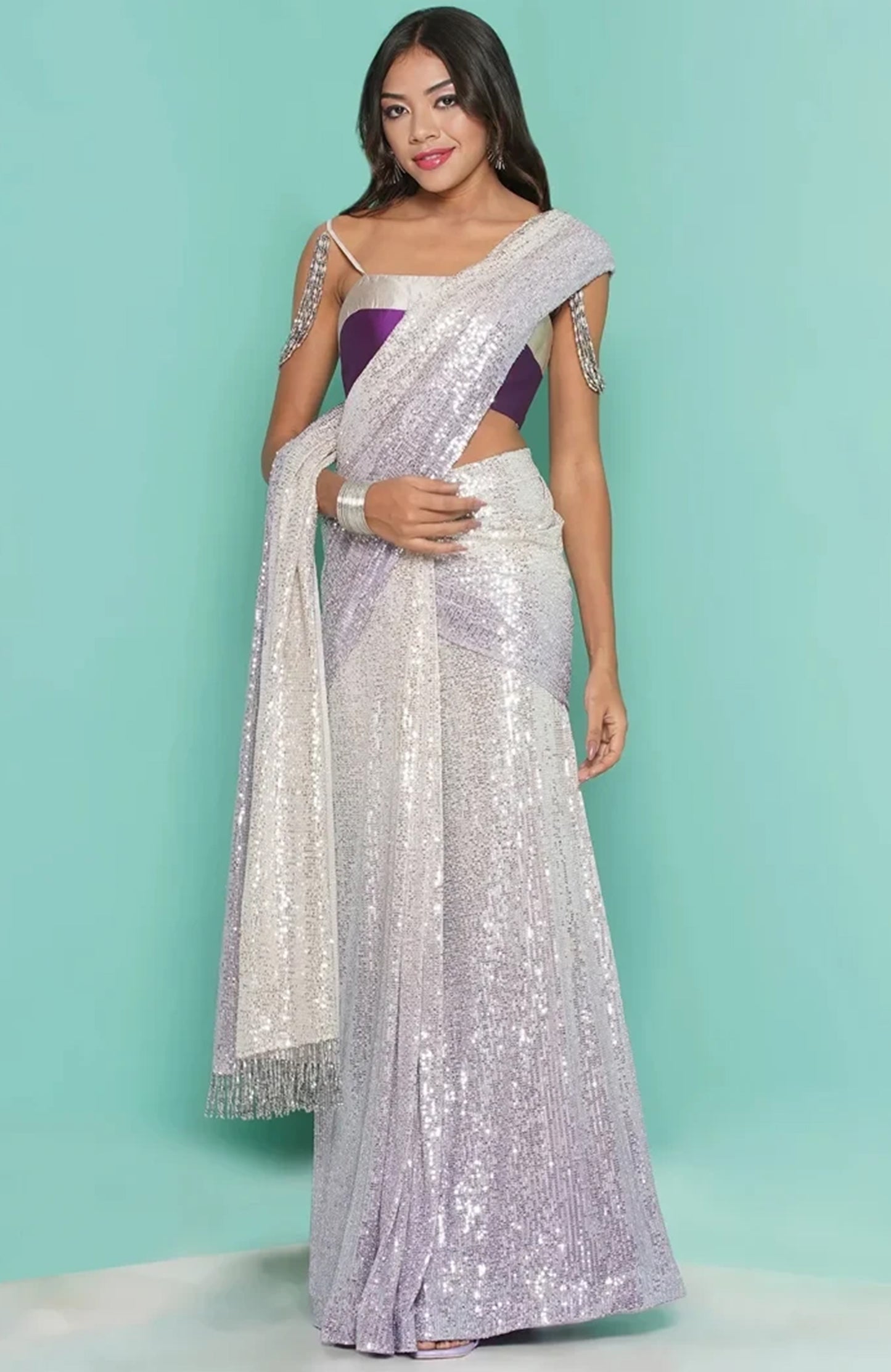 Lilac sequin Saree drape & stripe Blouse