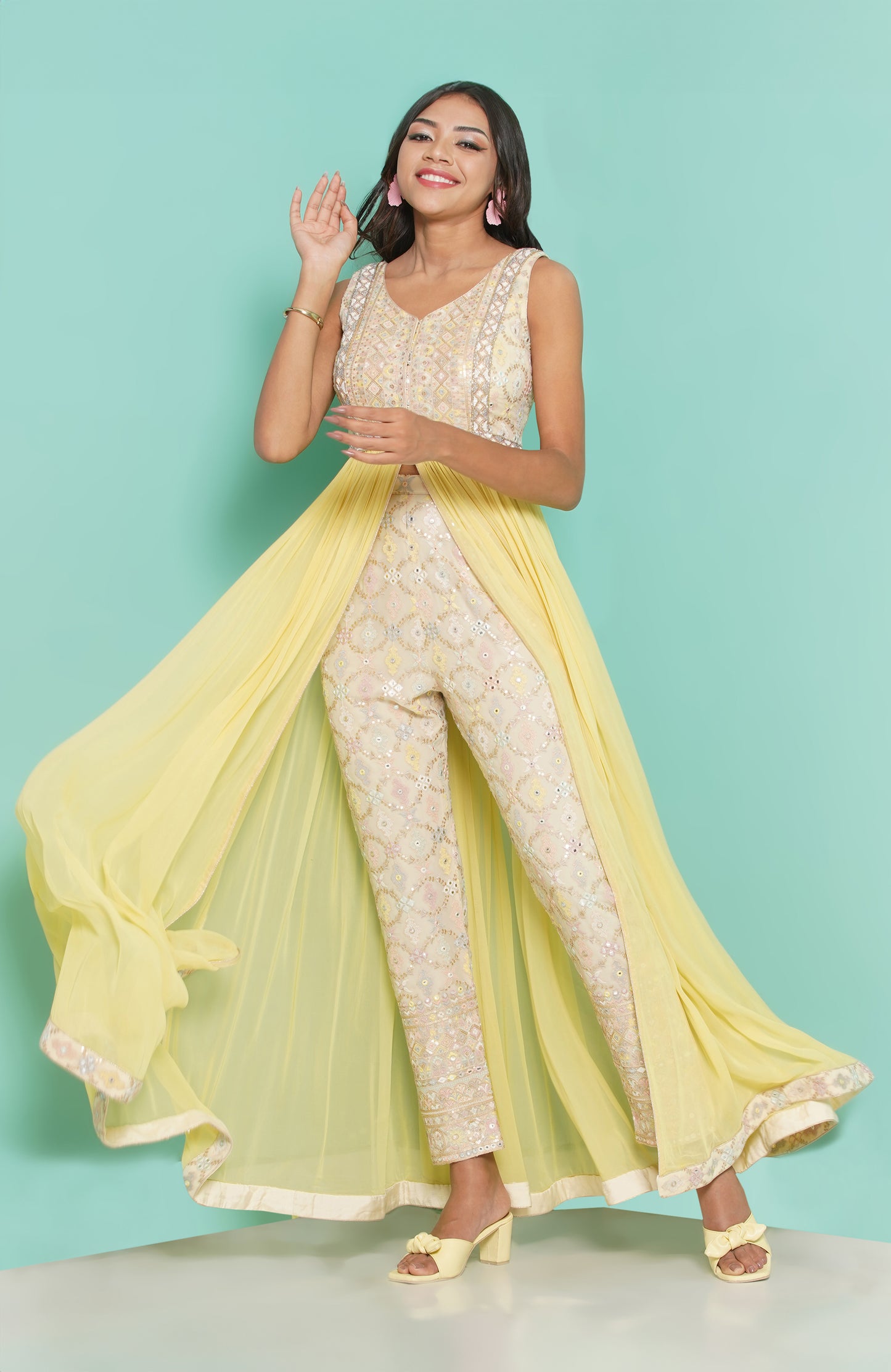 Yellow Dress with embroidery Trouser