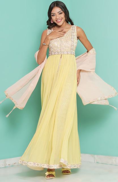 Yellow Dress with embroidery Trouser