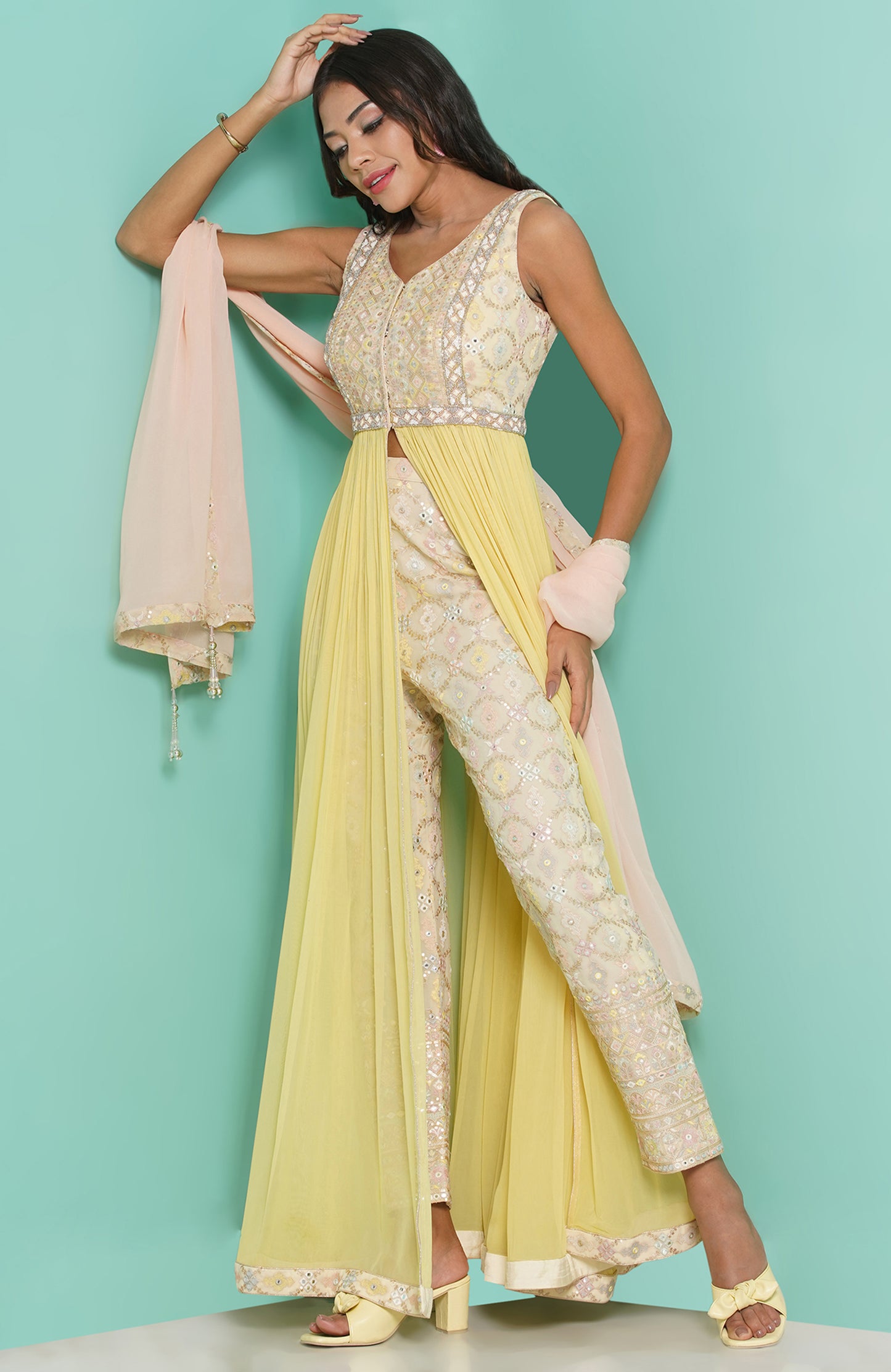 Yellow Dress with embroidery Trouser