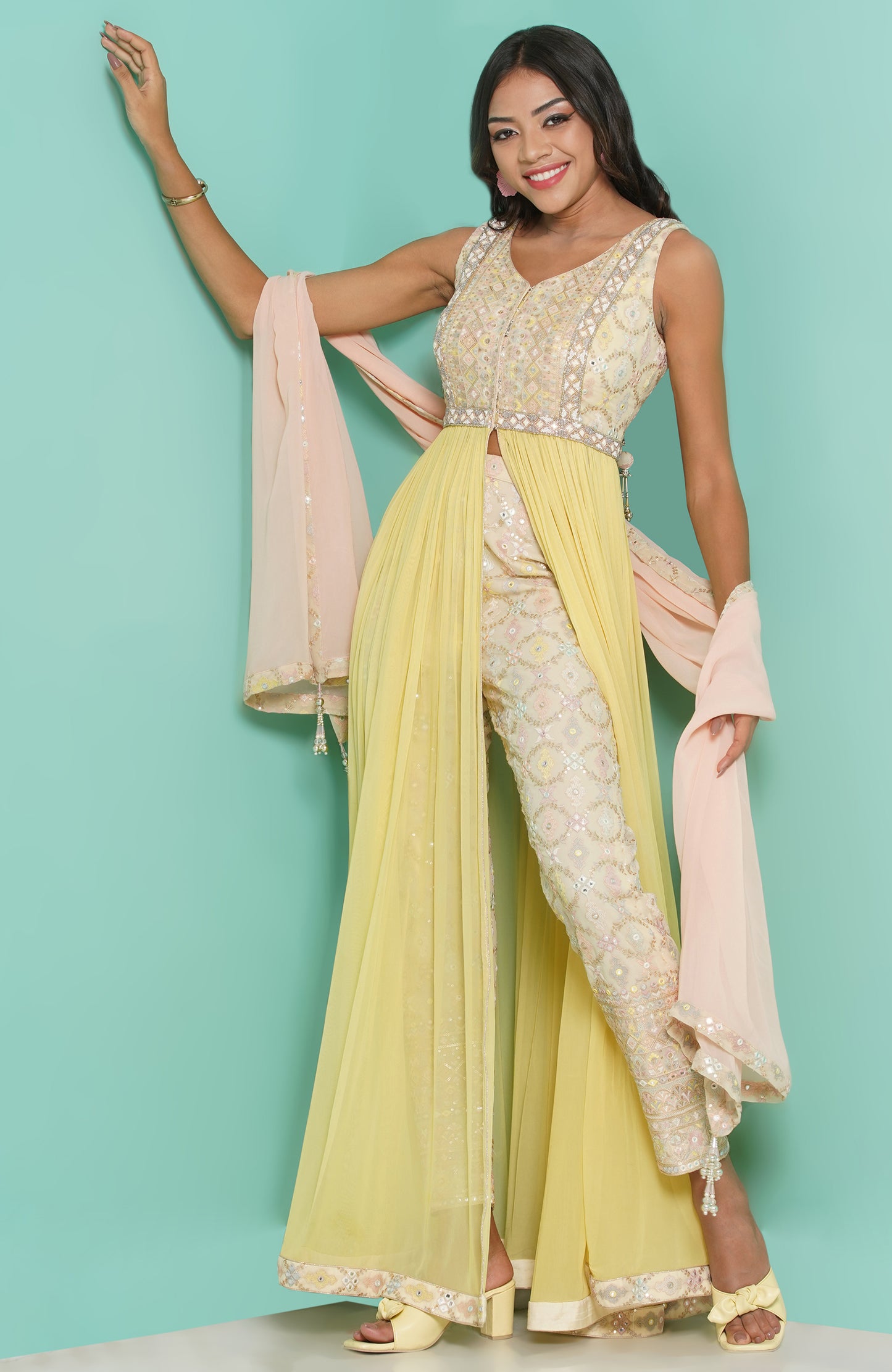 Yellow Dress with embroidery Trouser