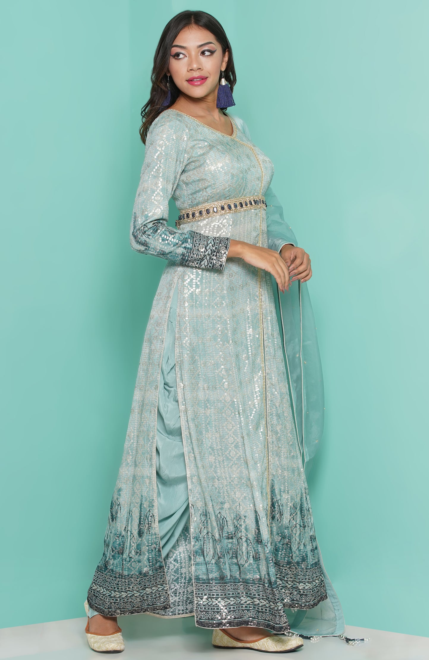 Aqua dress worn with dhoti-cowl trousers