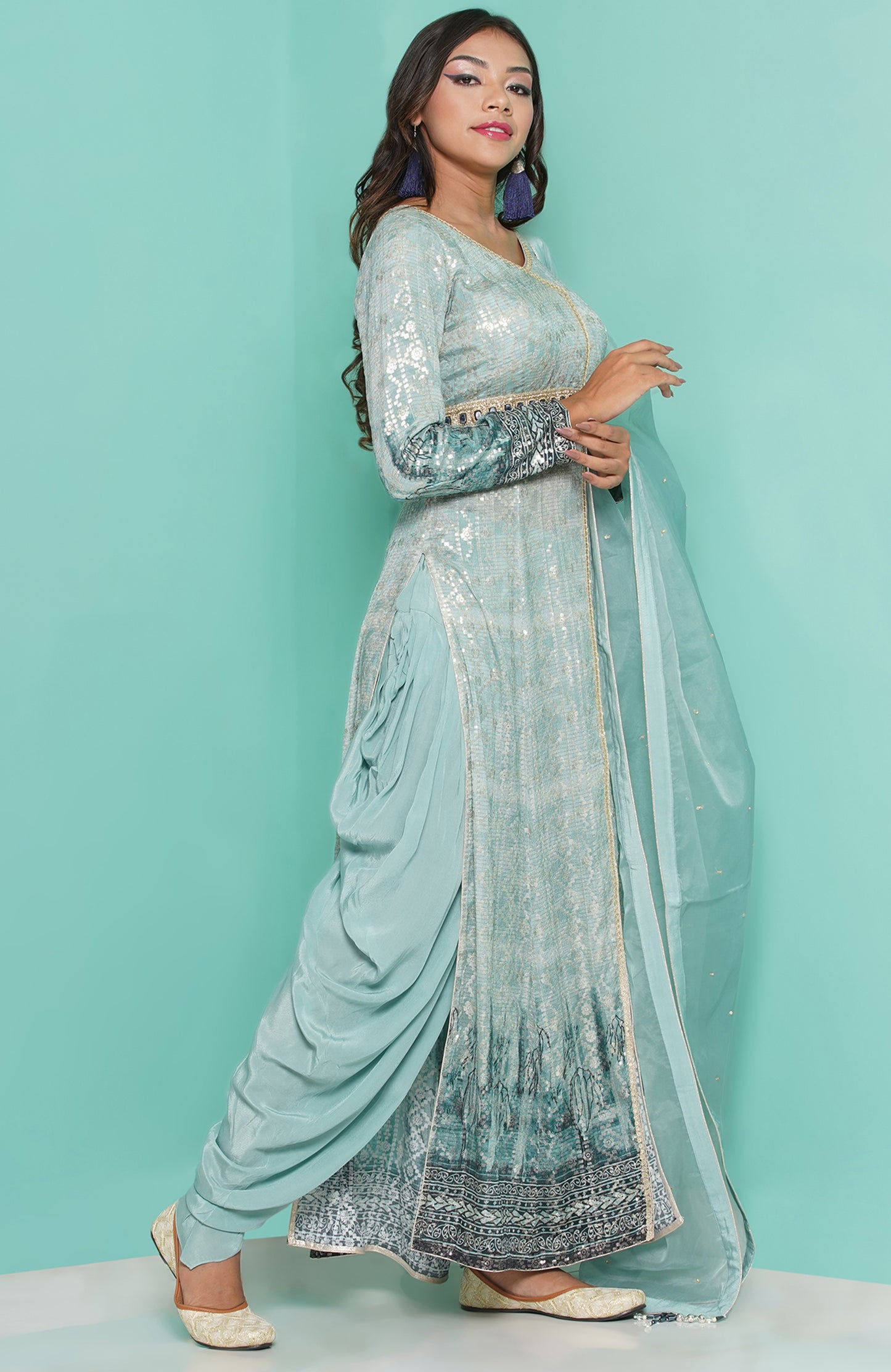 Aqua dress worn with dhoti-cowl trousers