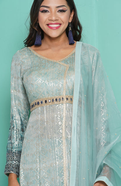 Aqua dress worn with dhoti-cowl trousers