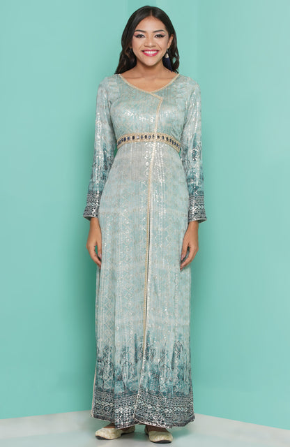 Aqua dress worn with dhoti-cowl trousers