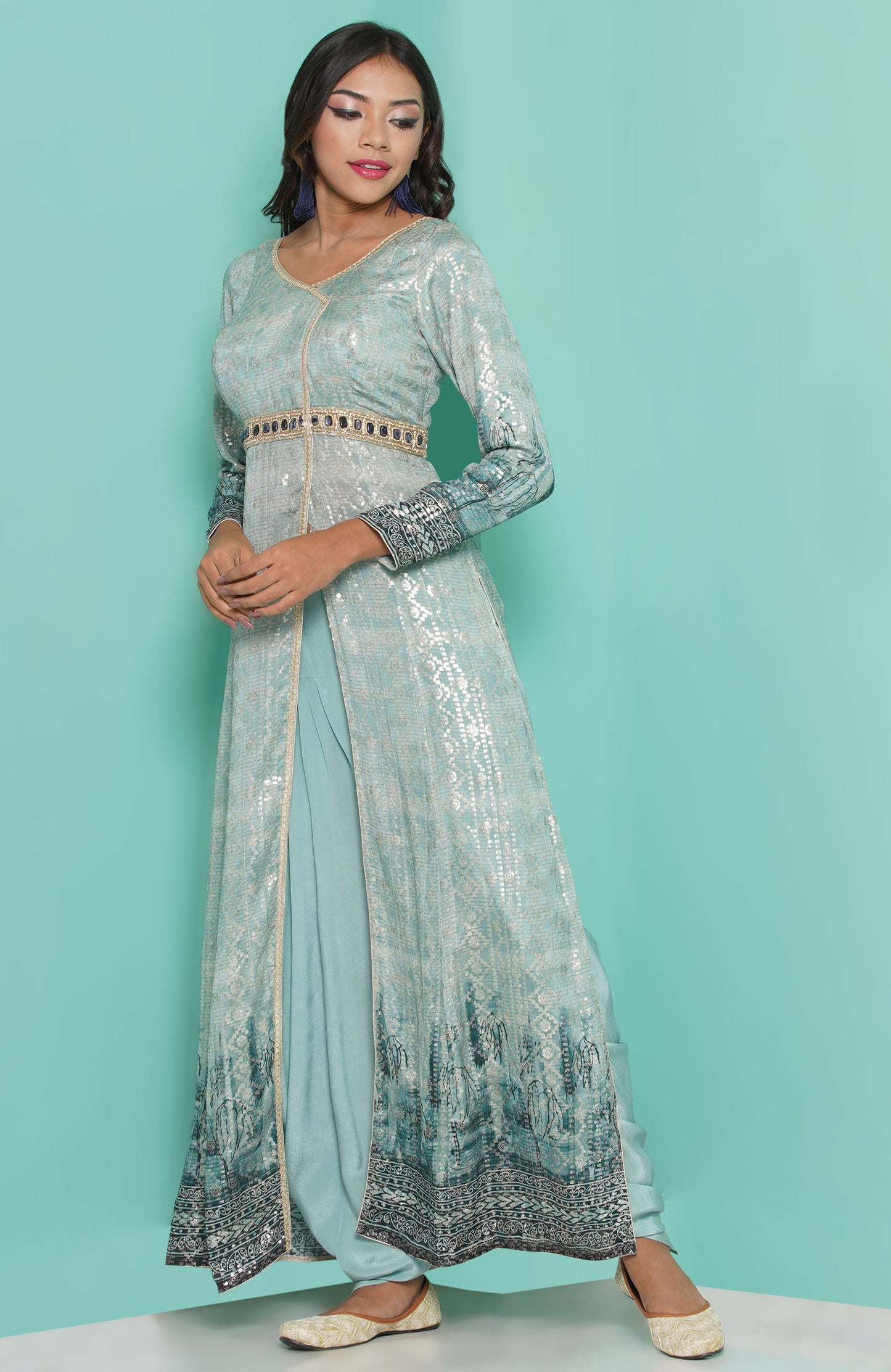 Aqua dress worn with dhoti-cowl trousers