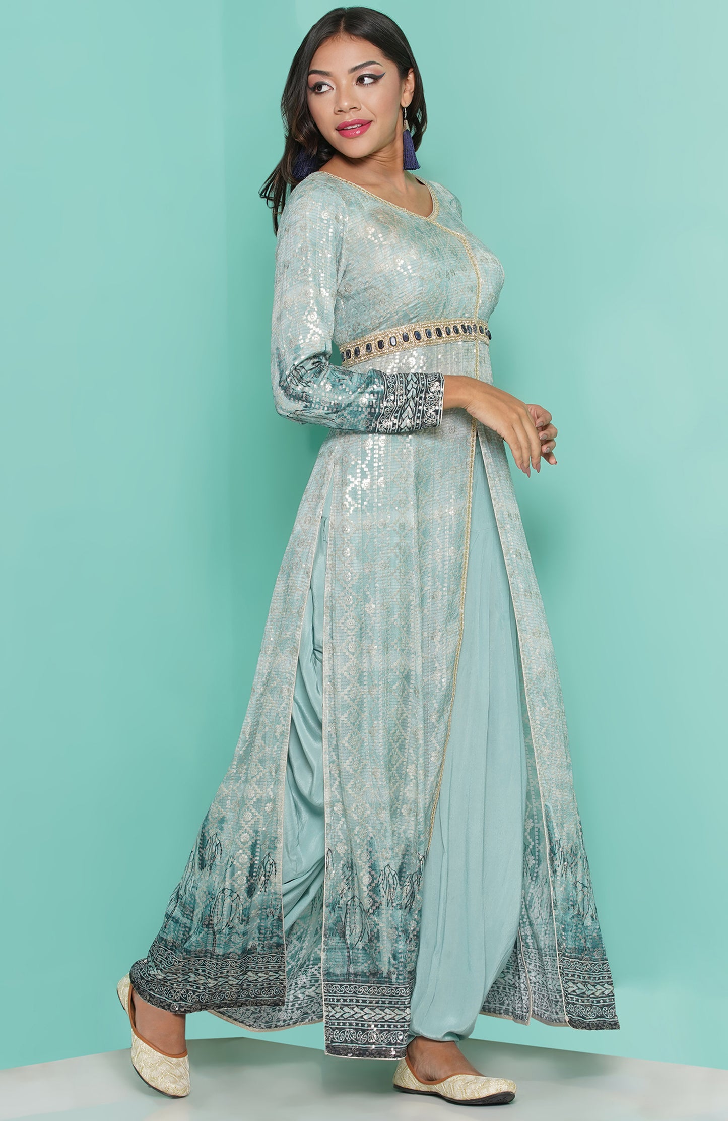 Aqua dress worn with dhoti-cowl trousers