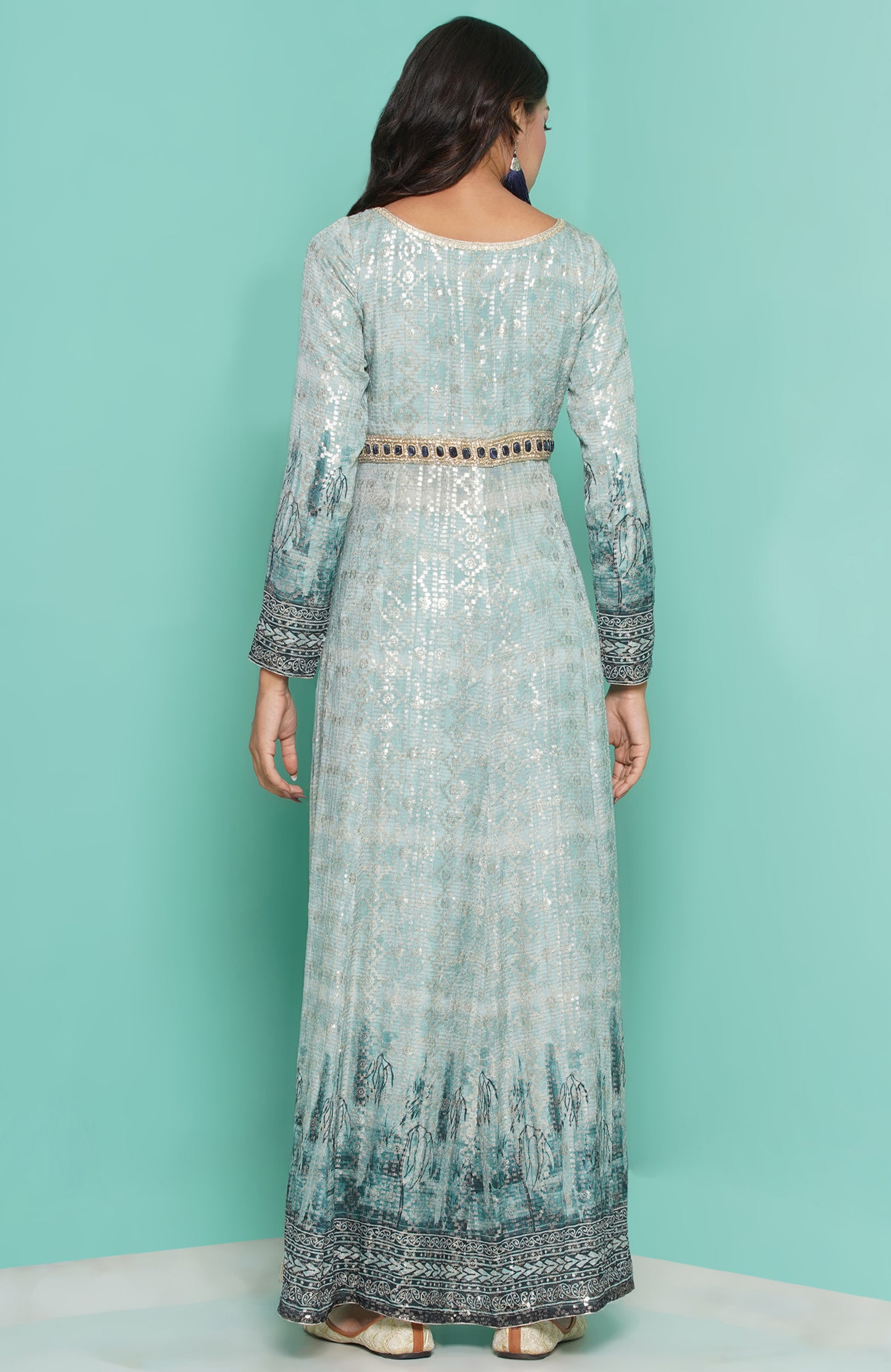 Aqua dress worn with dhoti-cowl trousers