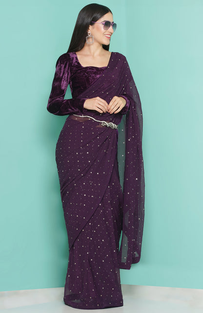 Purple Velvet Blouse and kamdani Saree