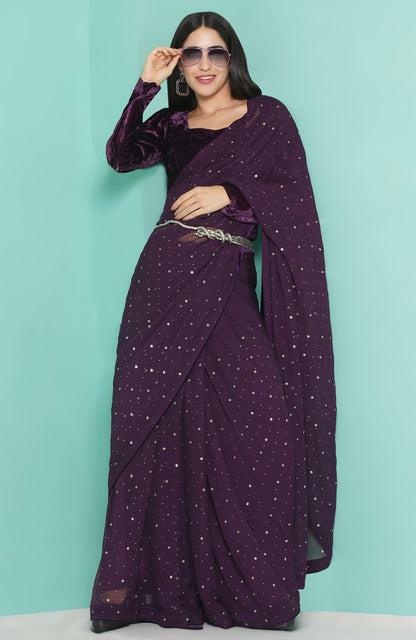 Purple Velvet Blouse and kamdani Saree