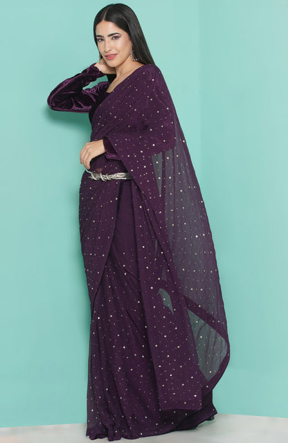 Purple Velvet Blouse and kamdani Saree