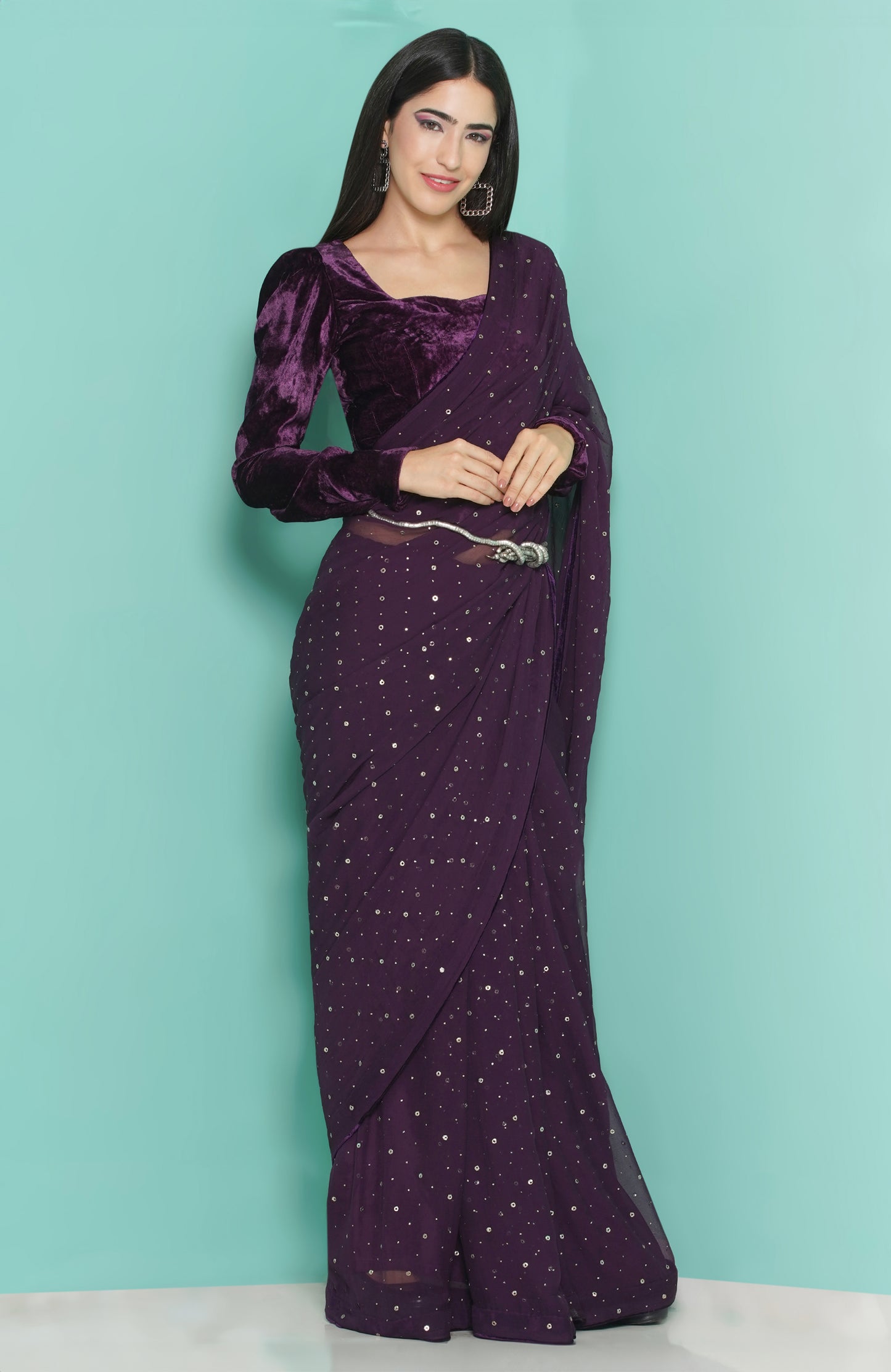 Purple Velvet Blouse and kamdani Saree