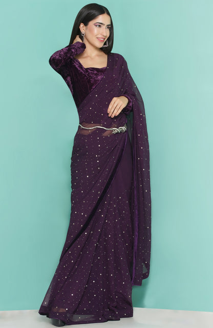 Purple Velvet Blouse and kamdani Saree