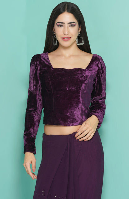 Purple Velvet Blouse and kamdani Saree