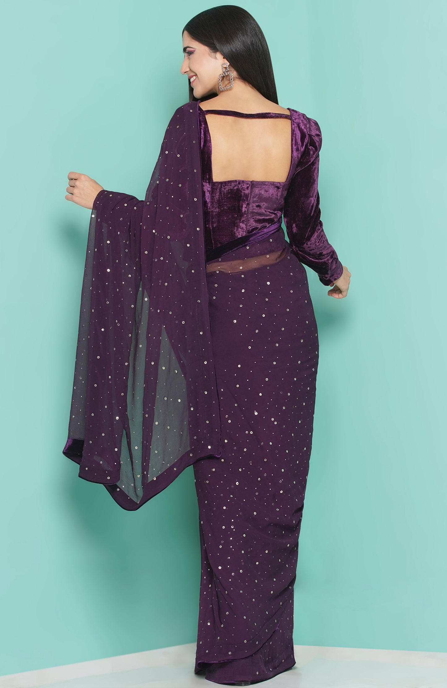 Purple Velvet Blouse and kamdani Saree