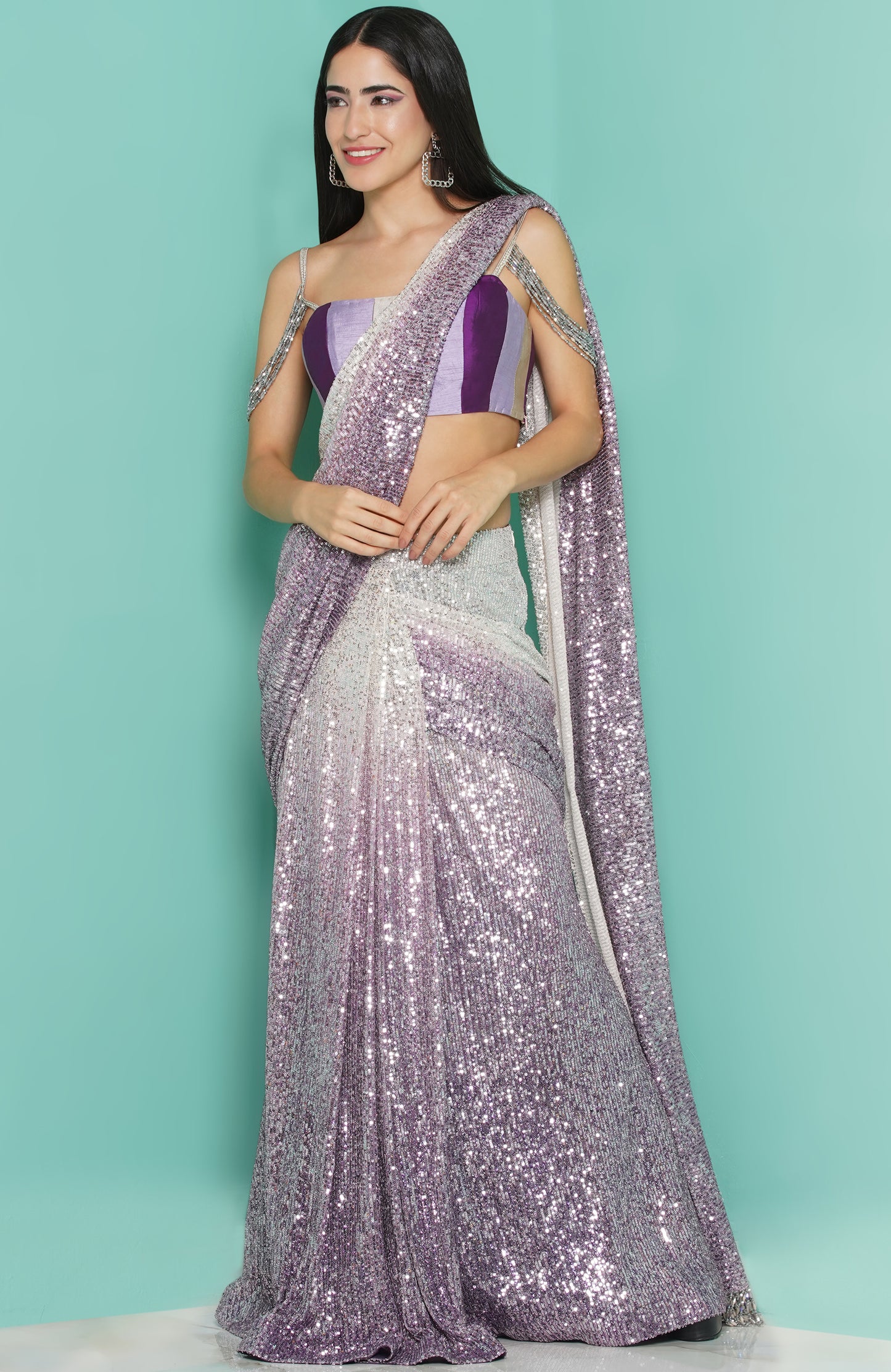 Ombre sequin Saree drape & stripe Blouse