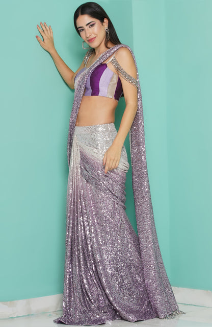 Ombre sequin Saree drape & stripe Blouse