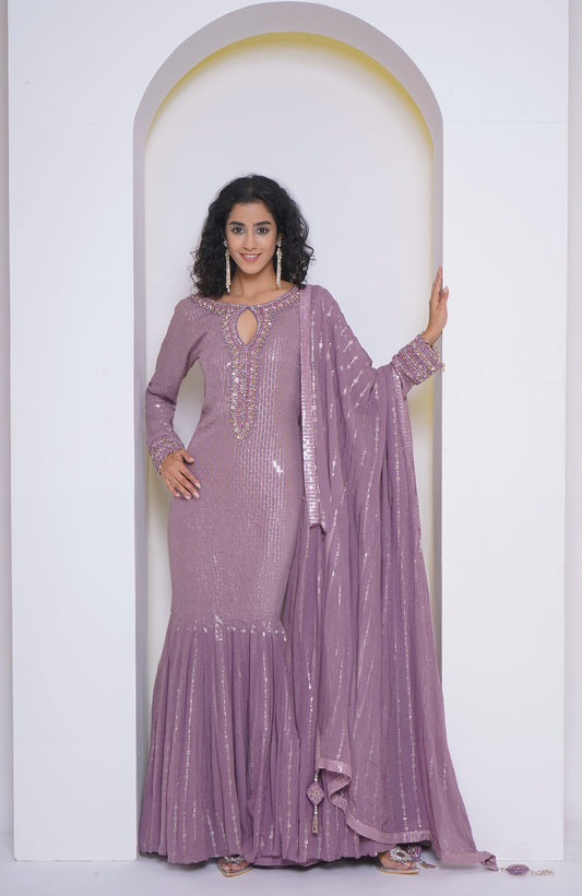 Mauve sequinned shimmer sharara set,embellished with embroidery