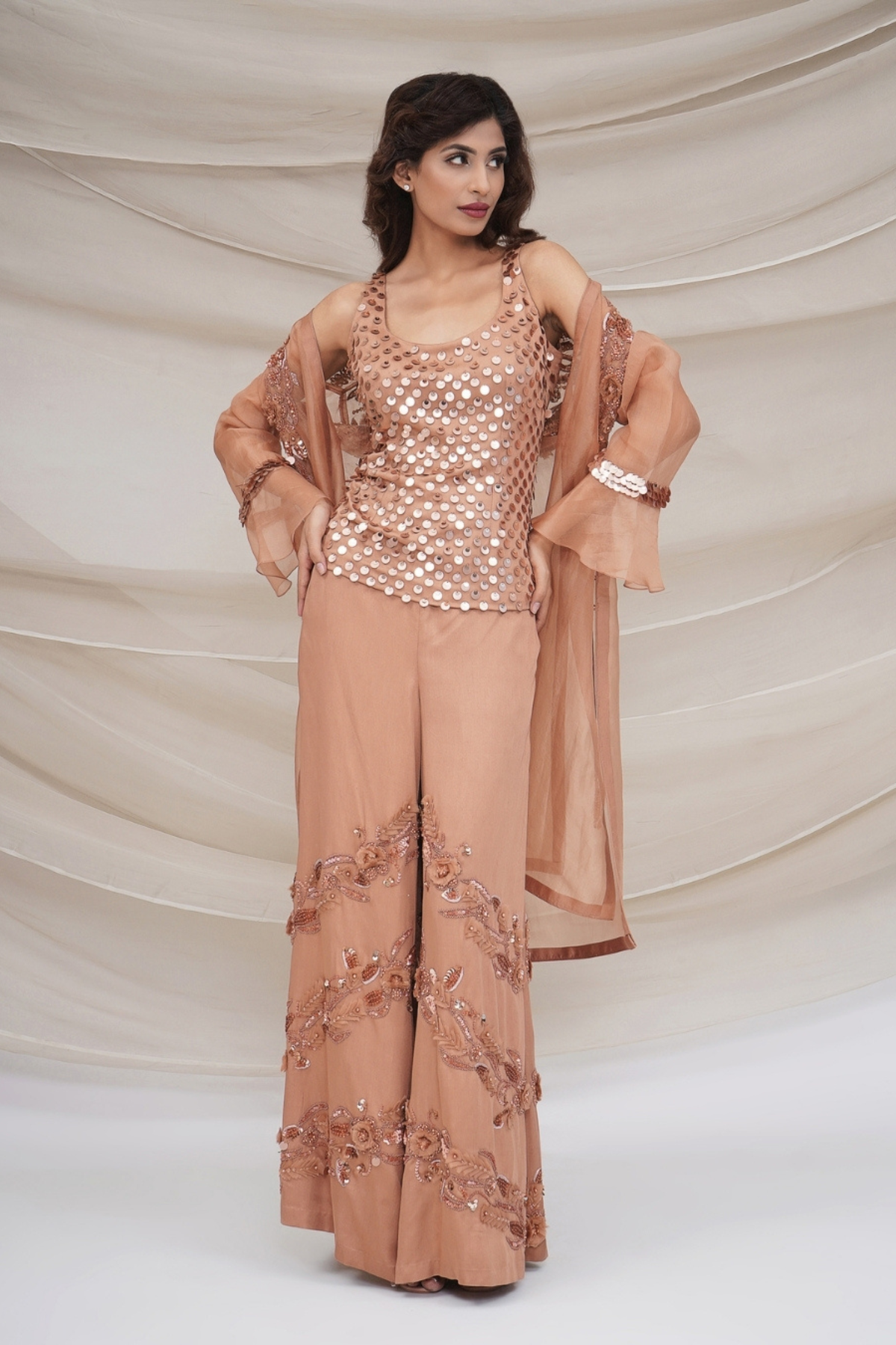 Bronze Sequin cami with jacket and flared trousers